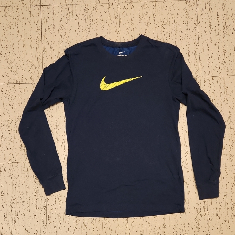 Nike Neon Swoosh Logo Dri Fit Spellout Full Graphic Long Sleeve Blue T-Shirt